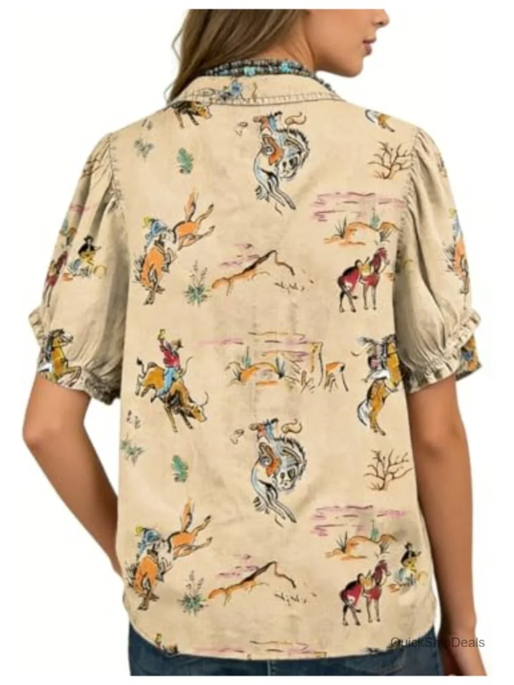 Western Cowboy Print Blouse V-Neck Short Sleeve Button-Down Puff Sleeve Top